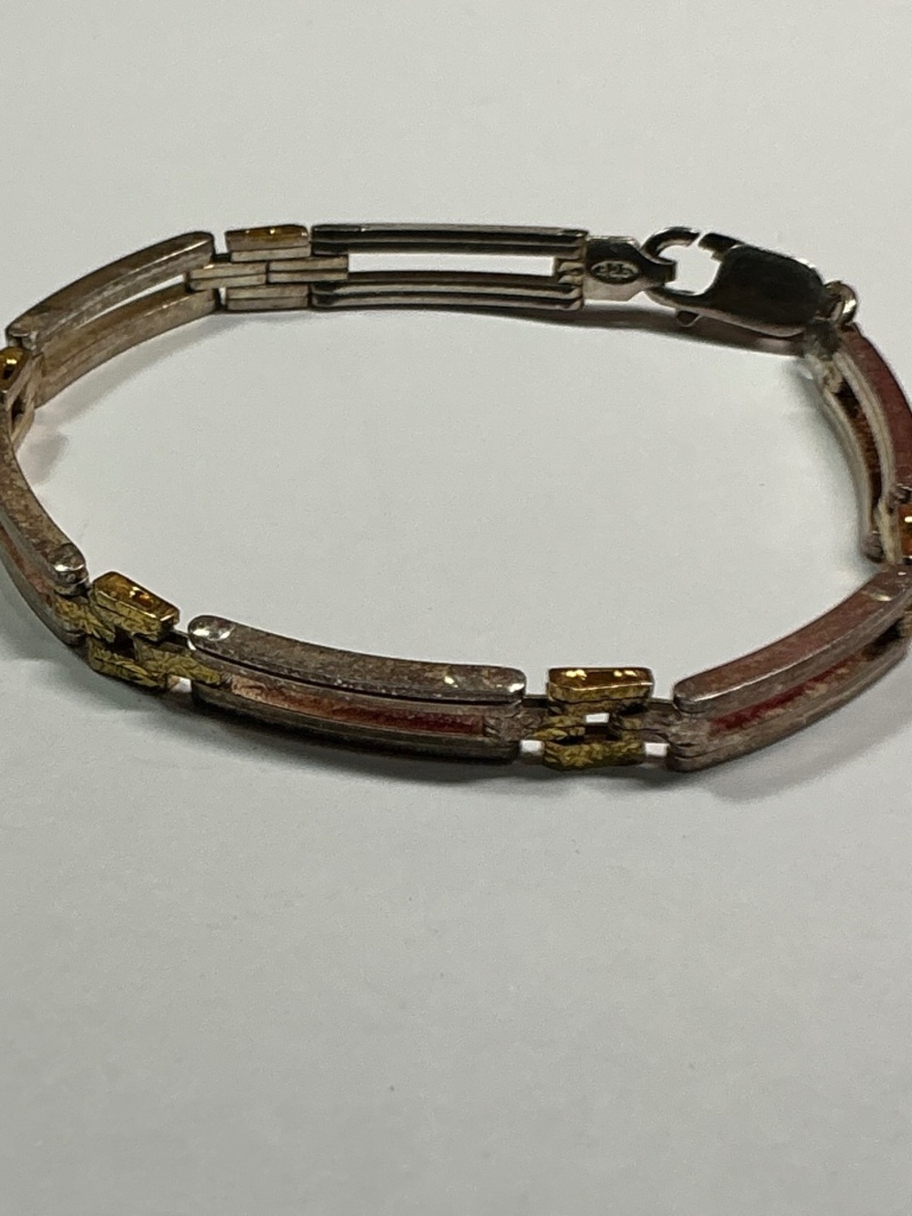 Sterling Silver Italian Panel Bracelet with Gold Plated Accents. 7 inches long